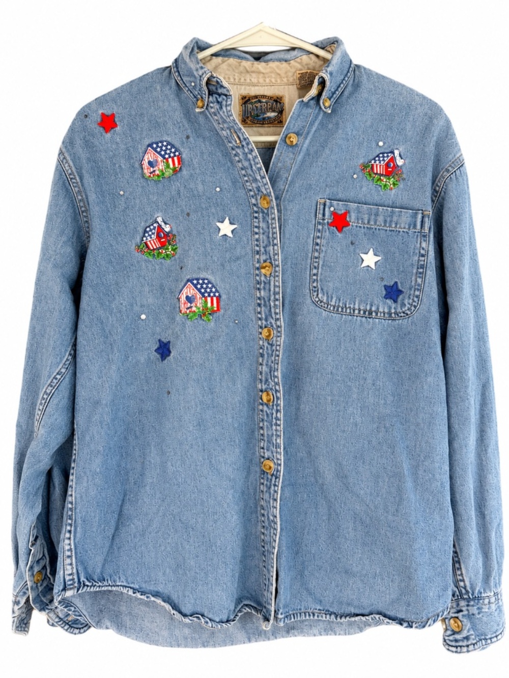 Vintage Upstream Embellished Denim Shirt Size Small Americana Patriotic 90s